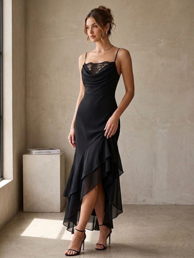 Vestido largo y escote caído